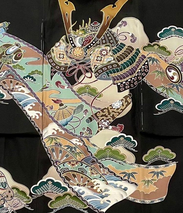 黒地に兜と熨斗柄/祝着